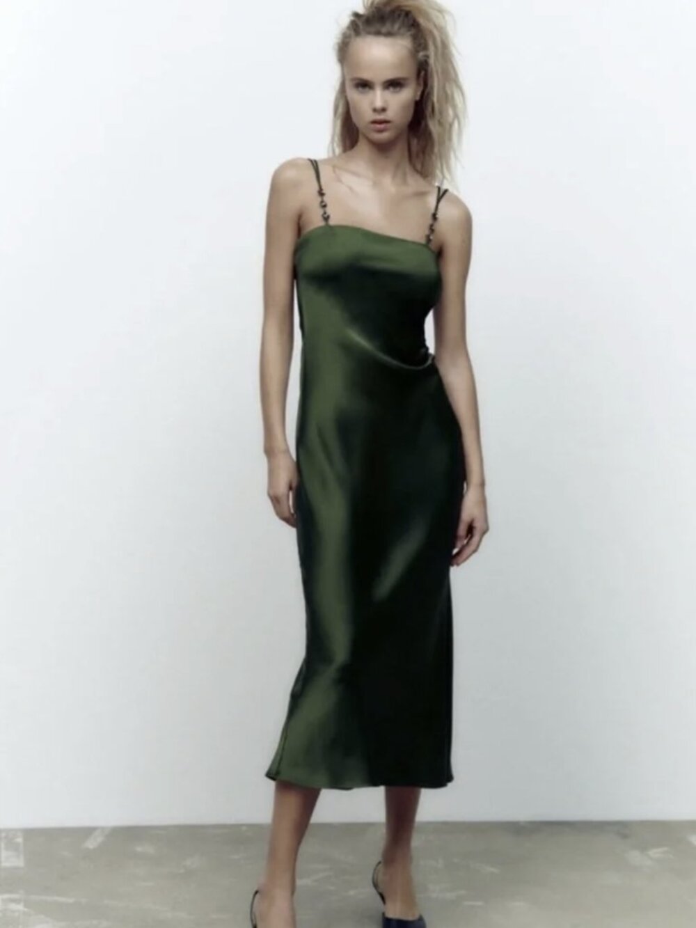 Zara Green Satin Chain‑Strap Slip Dress – Size L - Picture 1 of 5